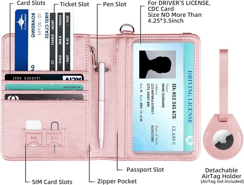 WALNEW AirTag Passport Holder, PU Leather Airtag Wallet RFID Blocking Passport Cover Travel Essentials Case for Women Men (Rosegold) - Image 2